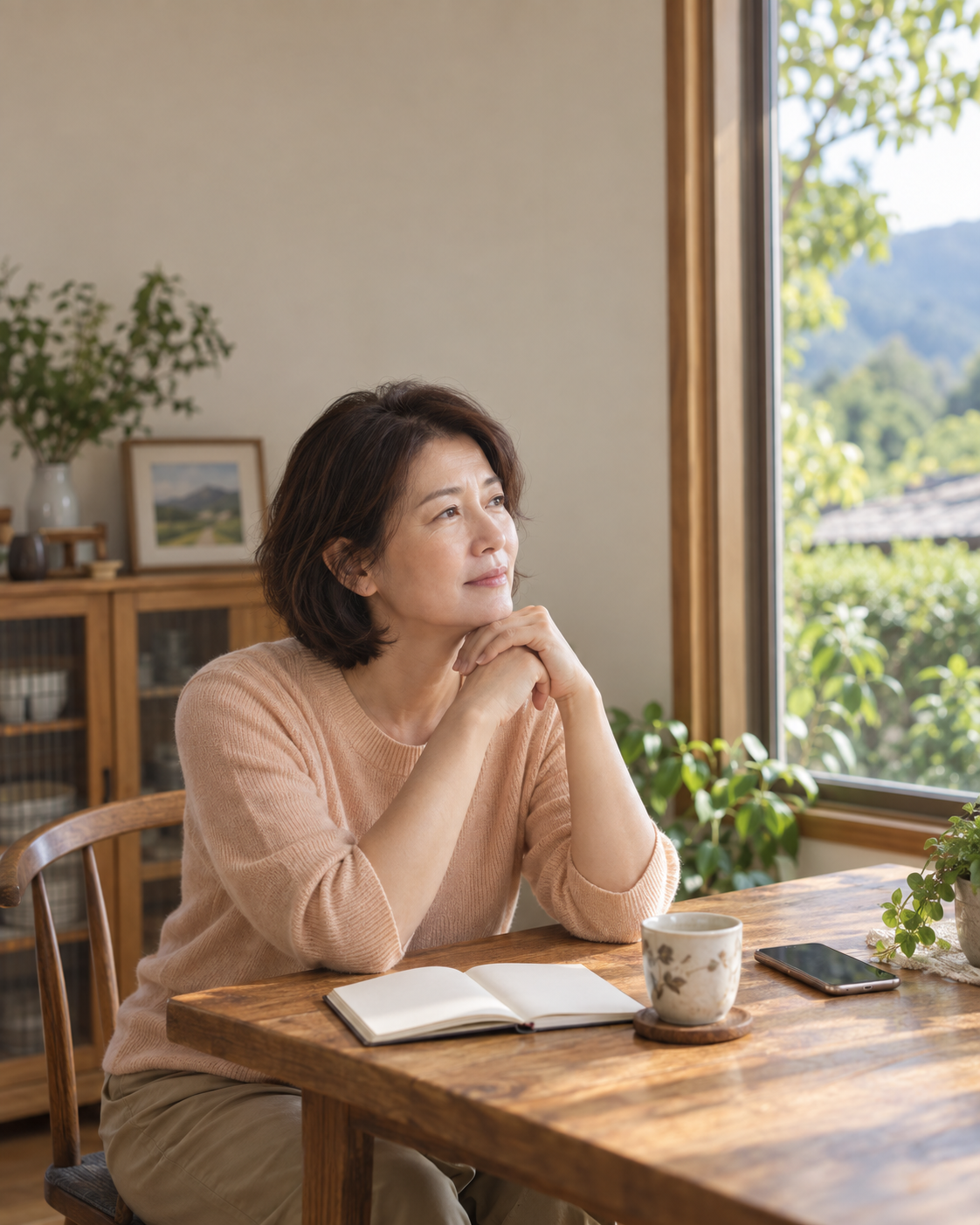 坐在窗邊思考家人照顧安排的女性