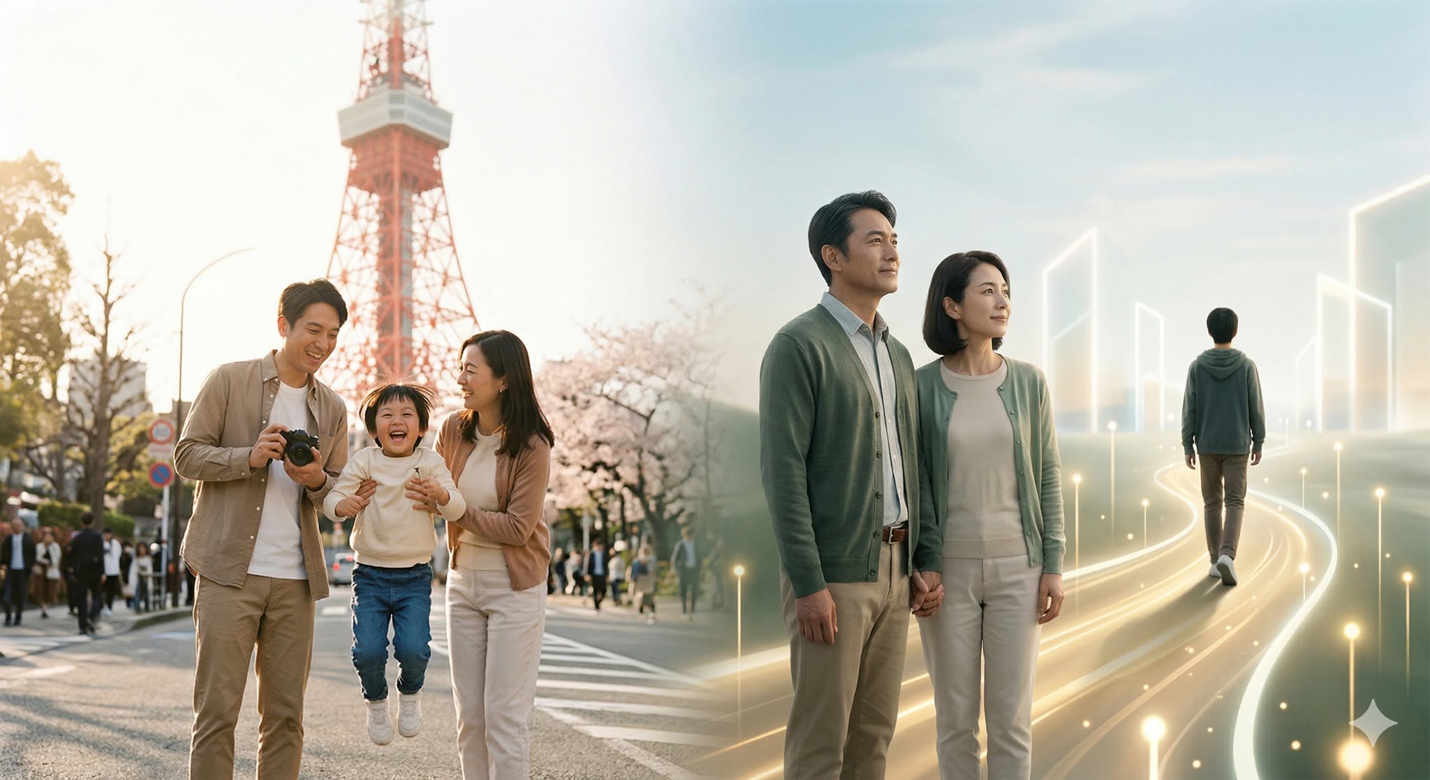 一家人在東京鐵塔前留下旅行回憶,並眺望孩子未來道路的情境示意圖