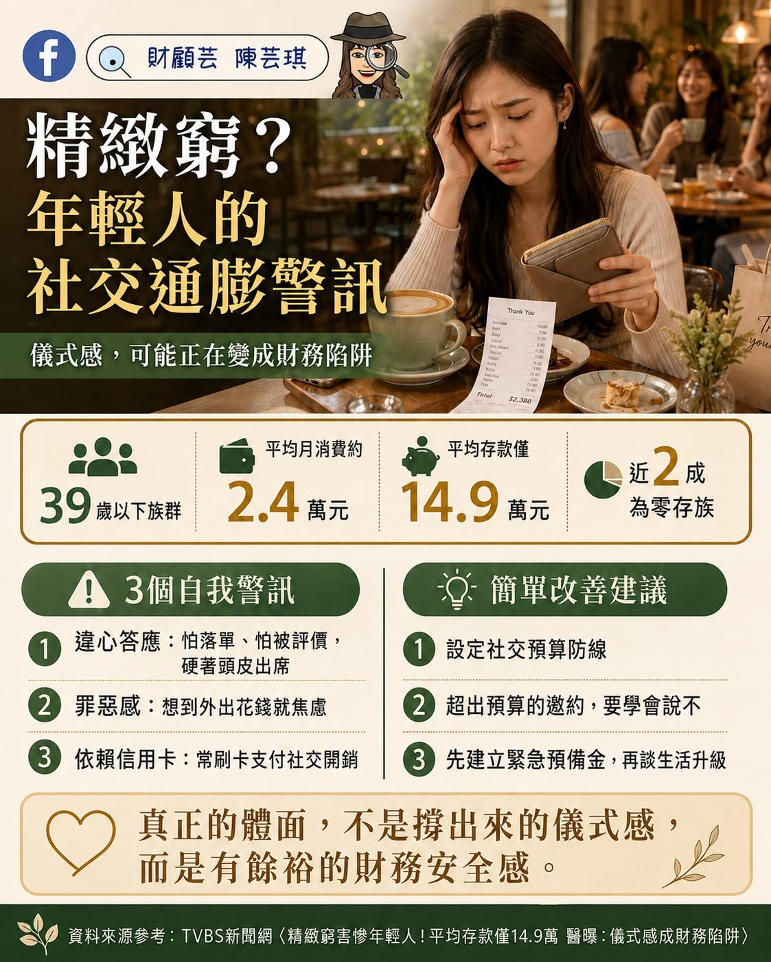 年輕人在聚會後看著帳單與錢包,思考社交消費帶來的財務壓力