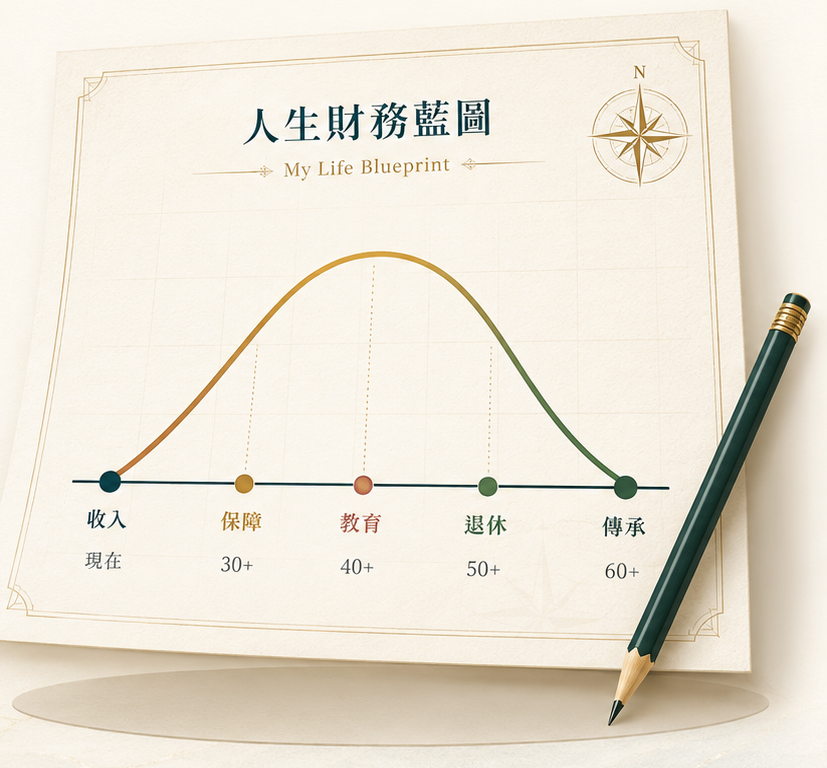 人生財務藍圖示意圖：紙本時間軸標出收入、保障、教育、退休、傳承五個節點（現在／30+／40+／50+／60+），生命週期曲線在中壯年達高峰，旁有羅盤與筆。
